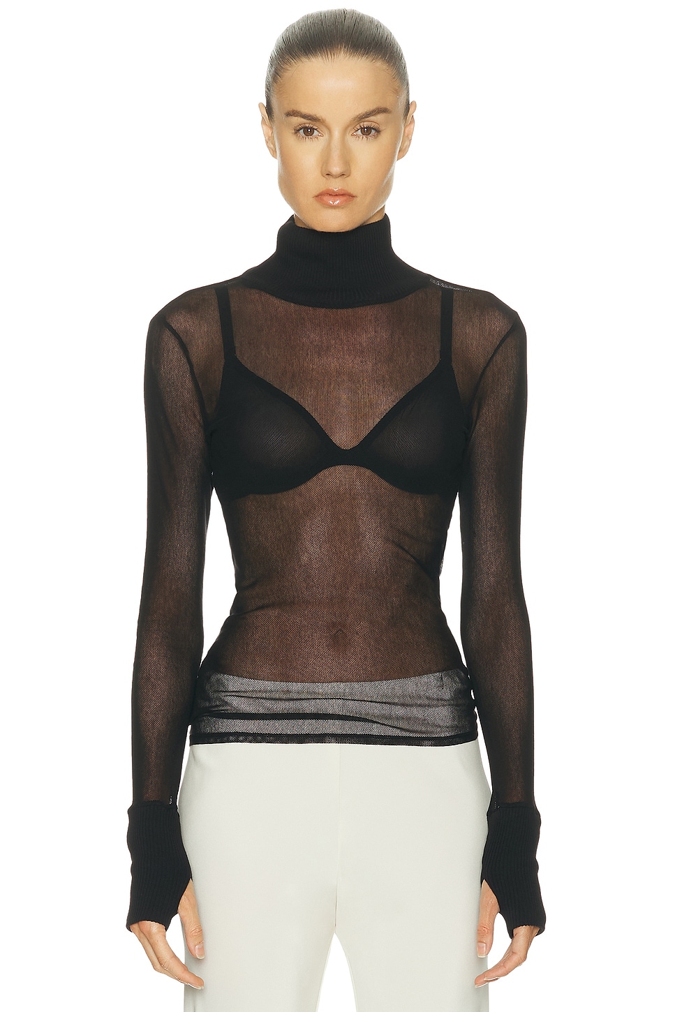 Image 1 of Enza Costa Cotton Mesh Cuffed Long Sleeve Turtleneck Sweater in Black