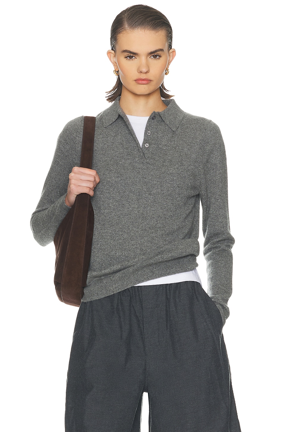 Image 1 of Enza Costa Knit Cashmere Polo Sweater in Thunder