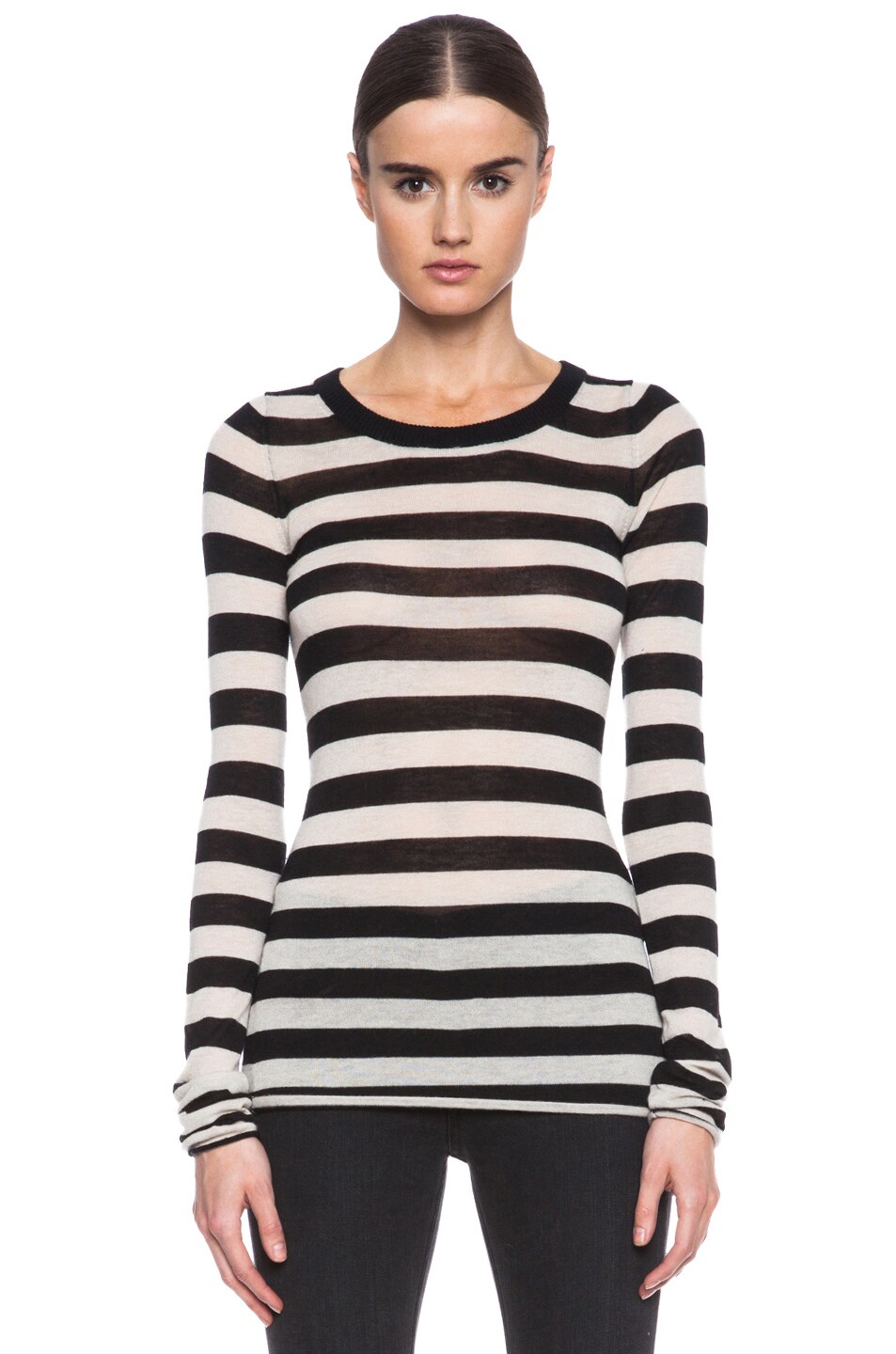 Image 1 of Enza Costa Stripe Crewneck Cashmere Sweater in Black & Pink Tint
