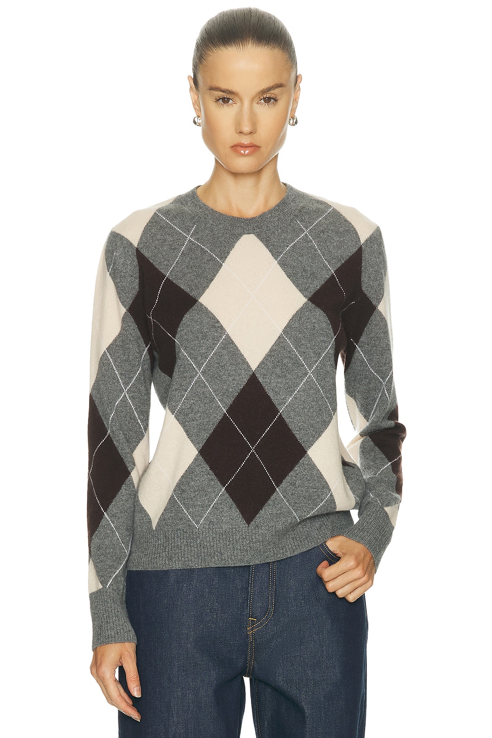 Image 1 of Enza Costa Knit Cashmere Argyle Sweater in Argyle