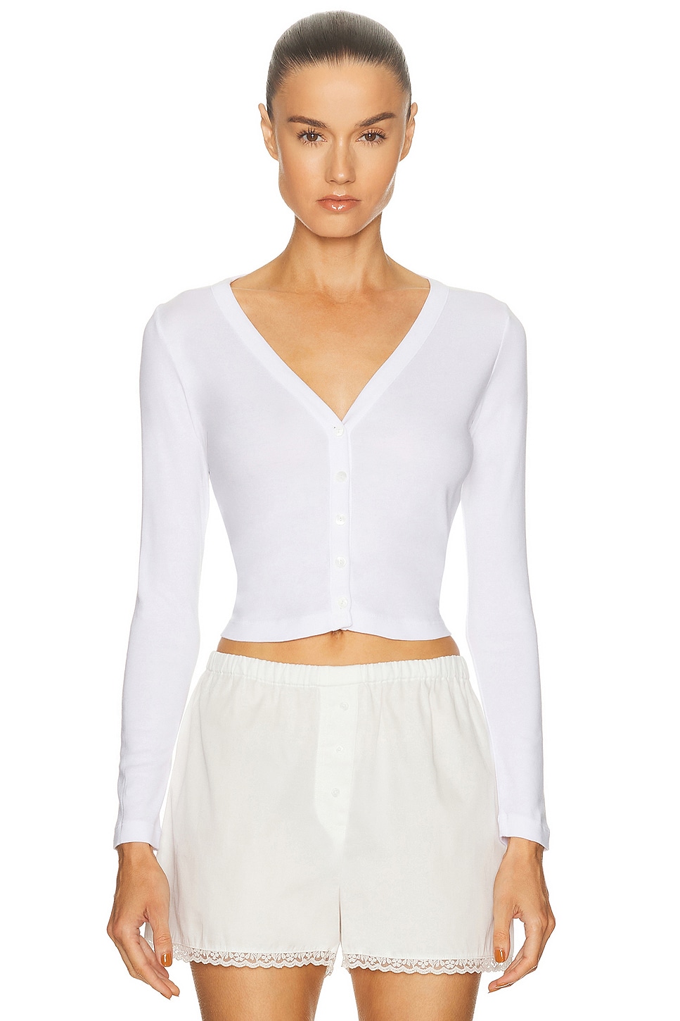 Enza Costa Supima Cotton New Classic V-neck Cardigan In White