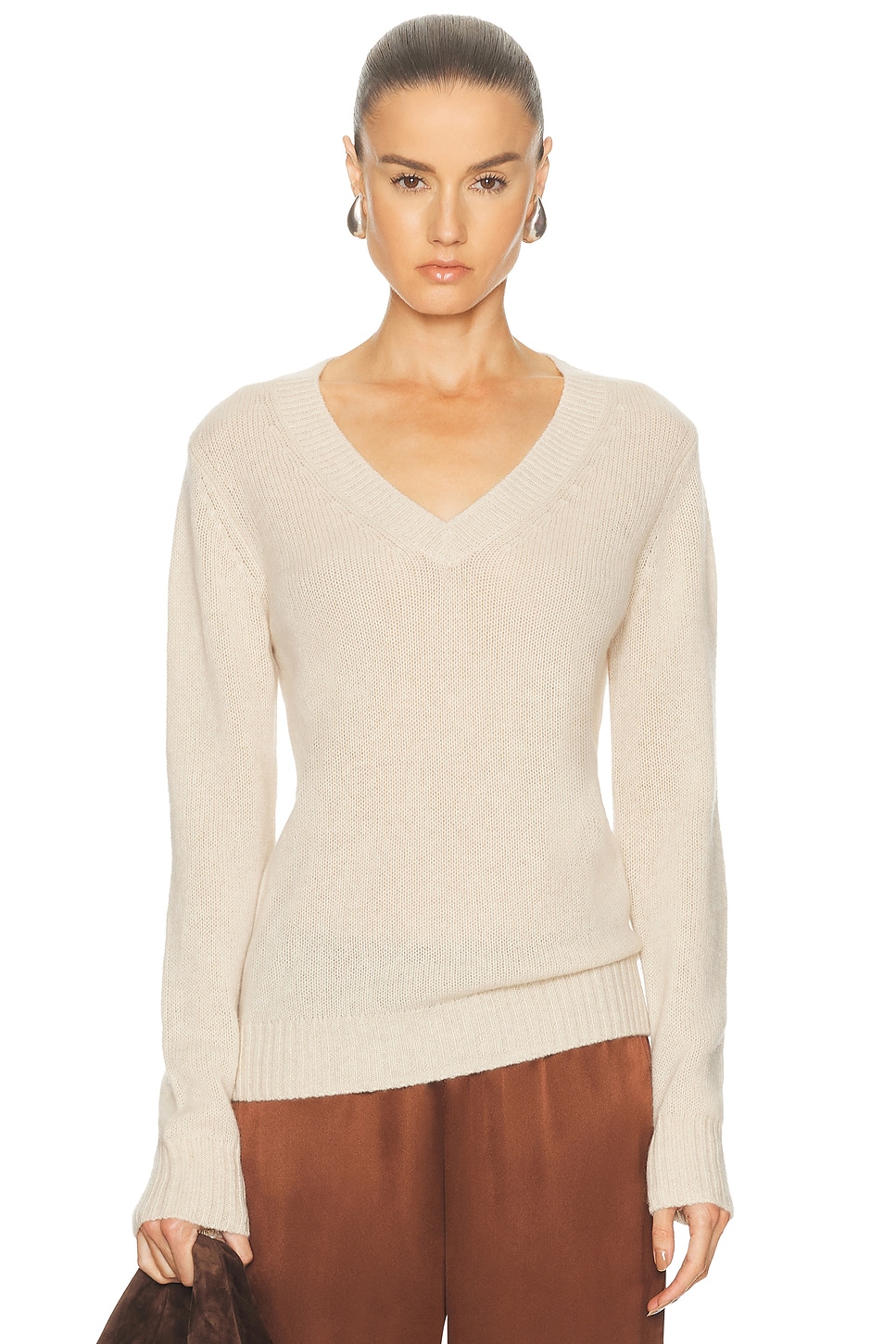 Image 1 of Enza Costa Cashmere V-Neck Sweater in Alabaster