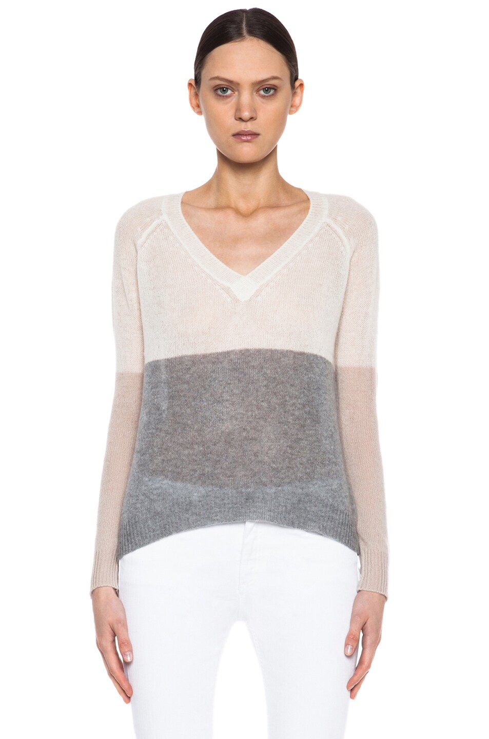 Image 1 of Enza Costa Colorblock Cashmere Sweater in Bleach & Quartz