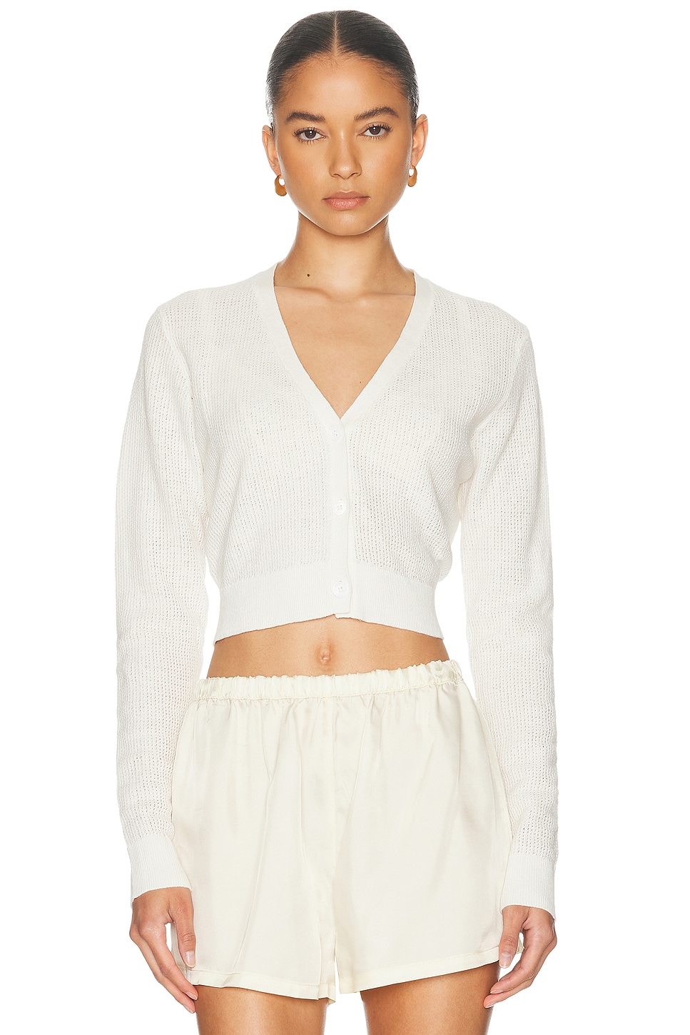 Enza Costa Linen Open Knit Cropped V Neck Cardigan thumbnail