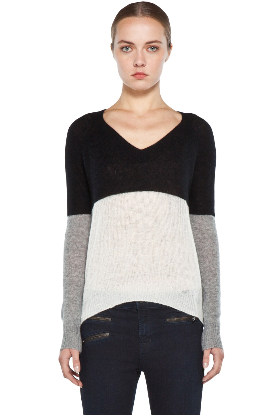 Image 1 of Enza Costa Cashmere Colorblock V Neck Sweater in Black, Grey & Bleach