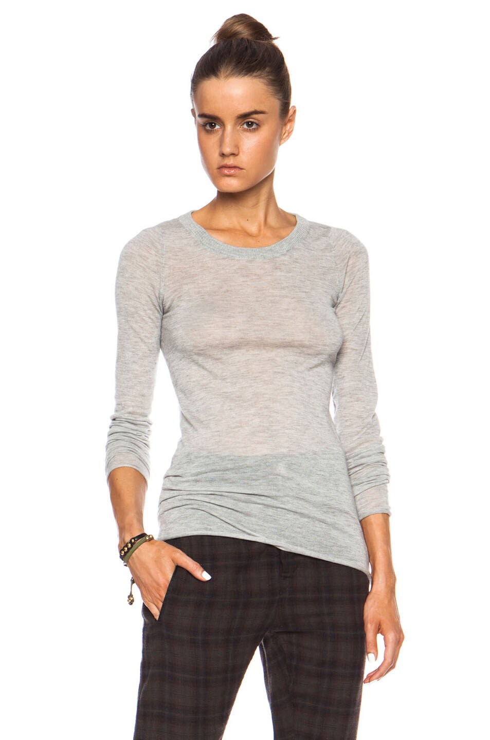 Image 1 of Enza Costa Cashmere Bold Crew Sweater in Light Grey Melange