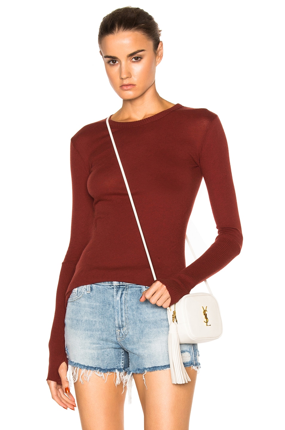 Image 1 of Enza Costa Cashmere Cuffed Crew Sweater in Russet