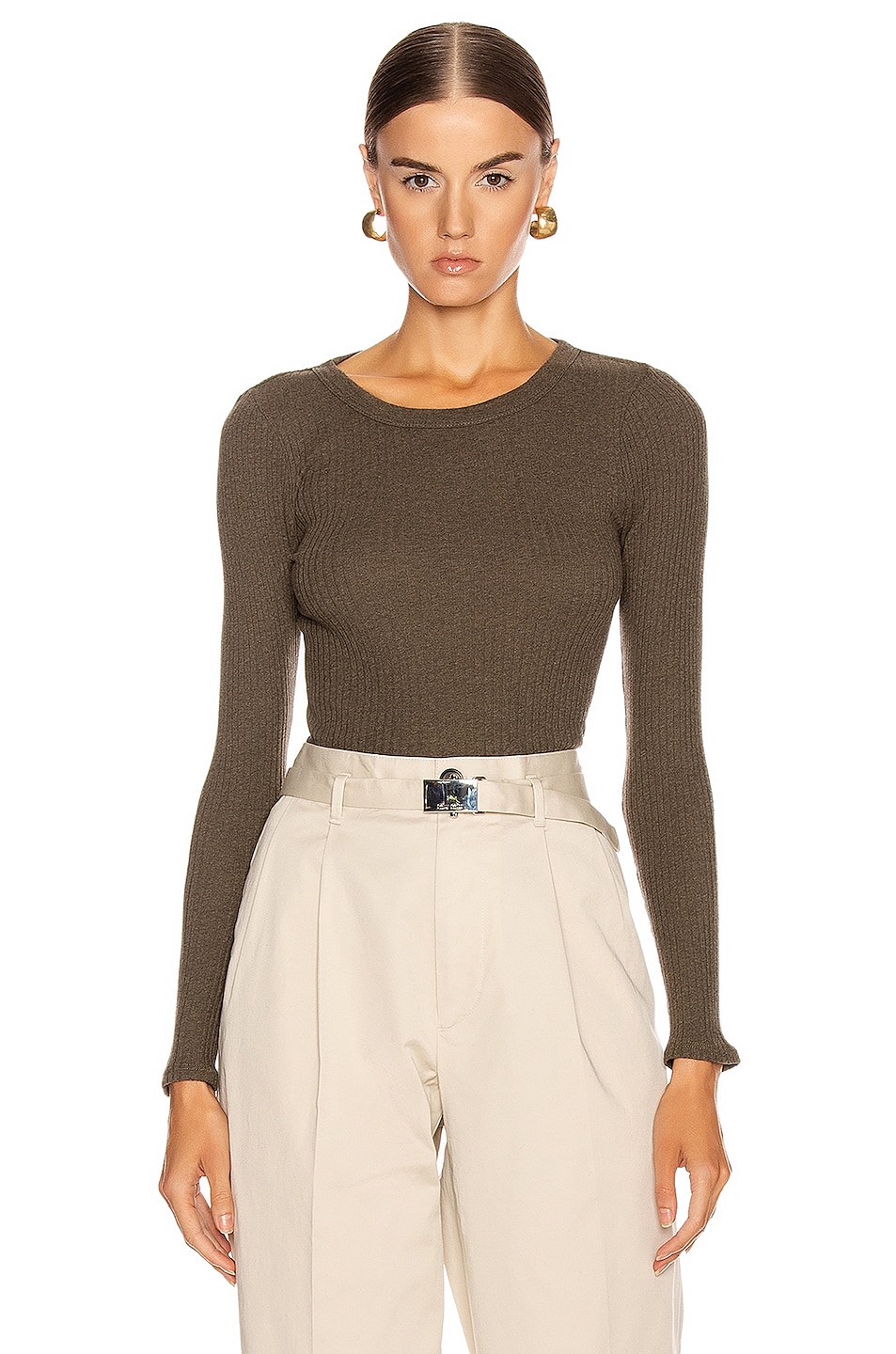 Image 1 of Enza Costa Cashmere Poorboy Rib Long Sleeve Crew Top in Olive Drab