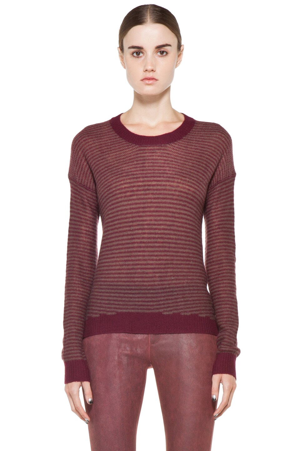 Image 1 of Enza Costa Cashmere Stripe Sweater in Wine