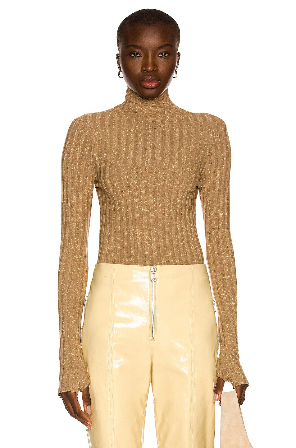 Image 1 of Enza Costa Lurex Rib Long Sleeve Turtleneck Sweater in Sand & Gold