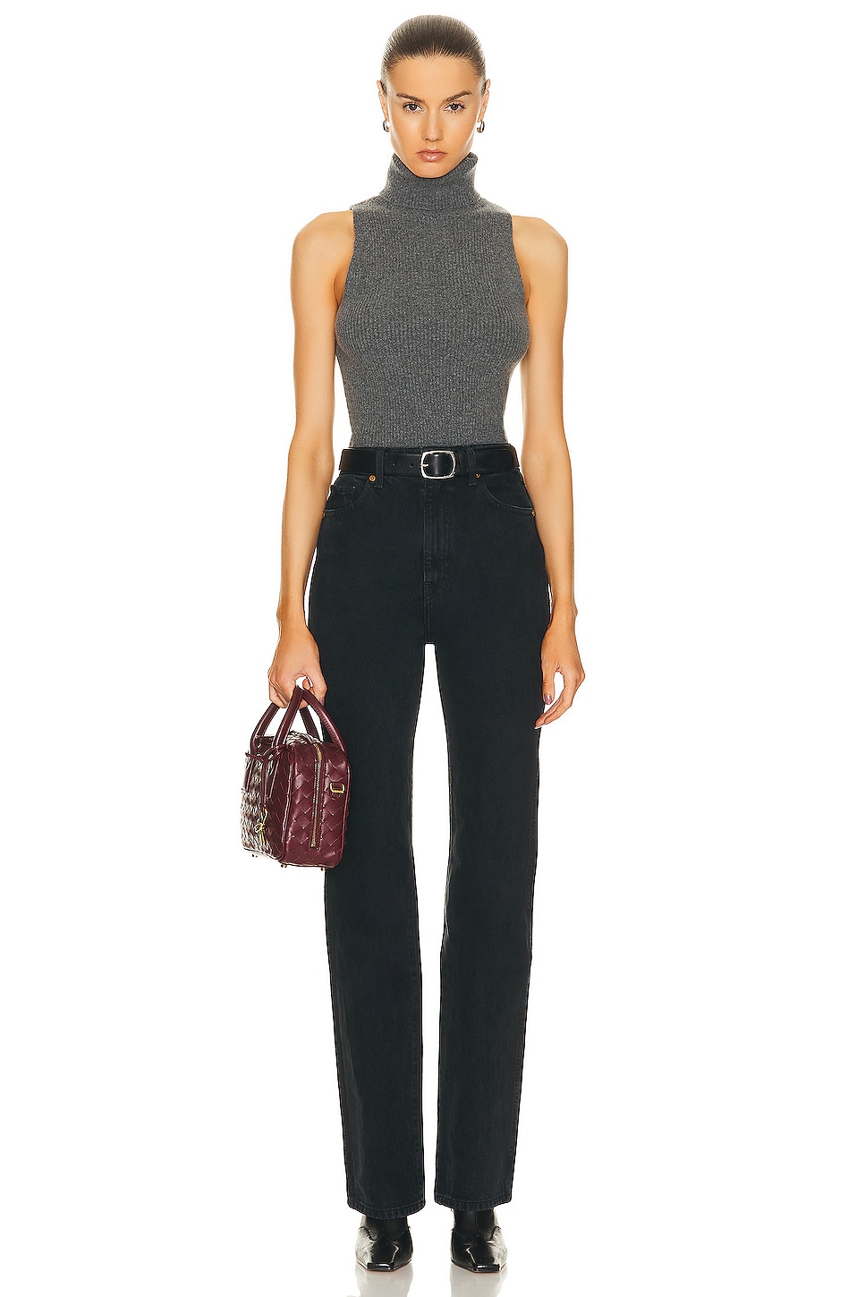 Image 4 of Enza Costa Rib Sleeveless Turtleneck Sweater in Heather Grey