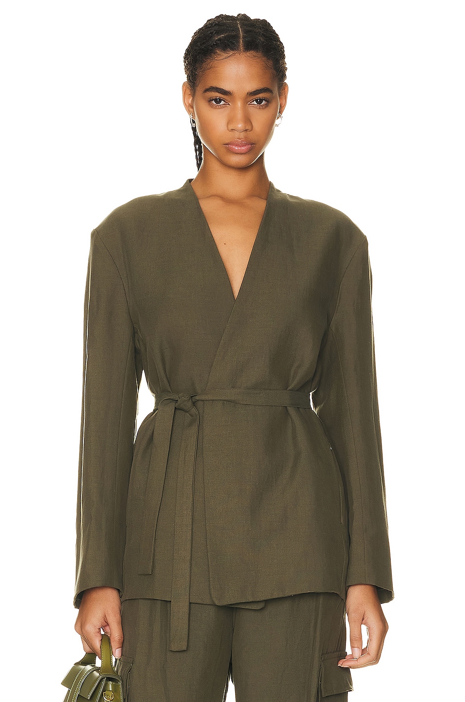 Image 1 of Enza Costa For Fwrd Twill Belted Jacket in Dark Olive