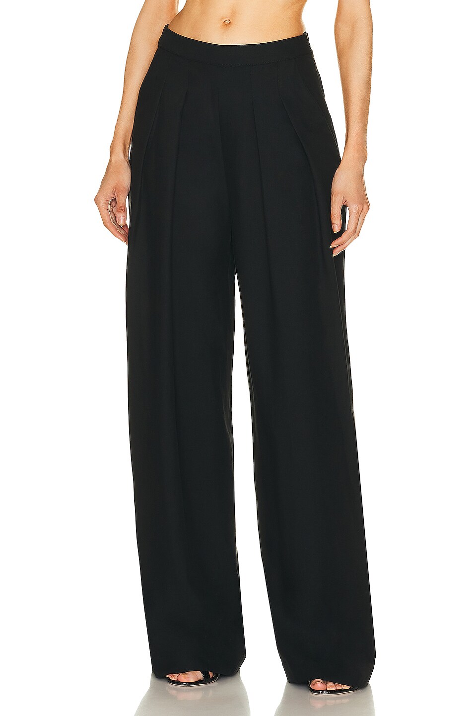 Image 1 of Enza Costa Twill Pleated Wide Leg Pant in Black