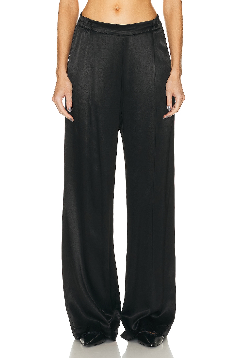 Image 1 of Enza Costa Pleated Satin Pant in Black