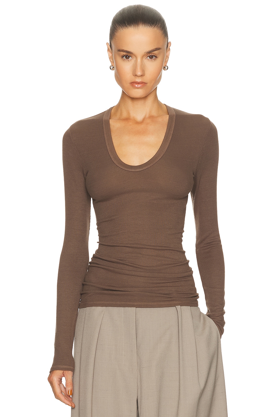 Image 1 of Enza Costa Rib Bold Long Sleeve U Top in Mushroom