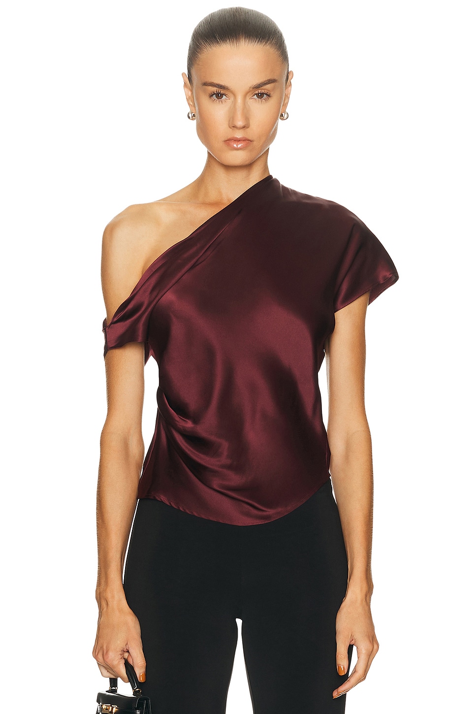 Image 1 of Enza Costa Silk Satin Asymmetric Drape Top in Carmine