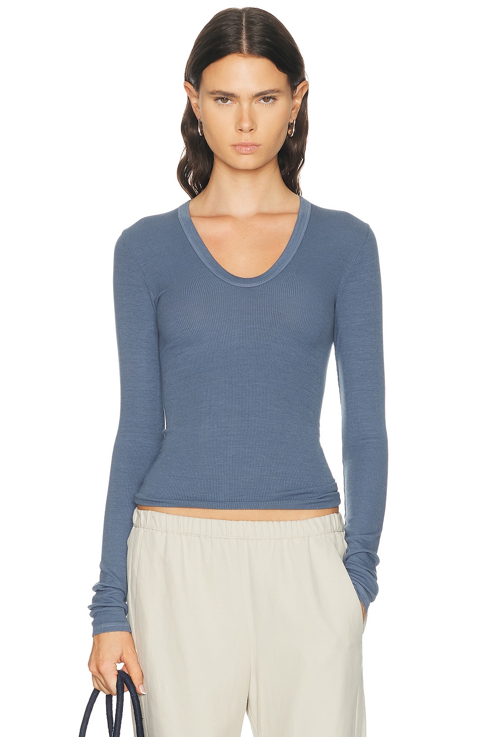 Enza Costa Silk Rib Essential U Long Sleeve Top in Blue