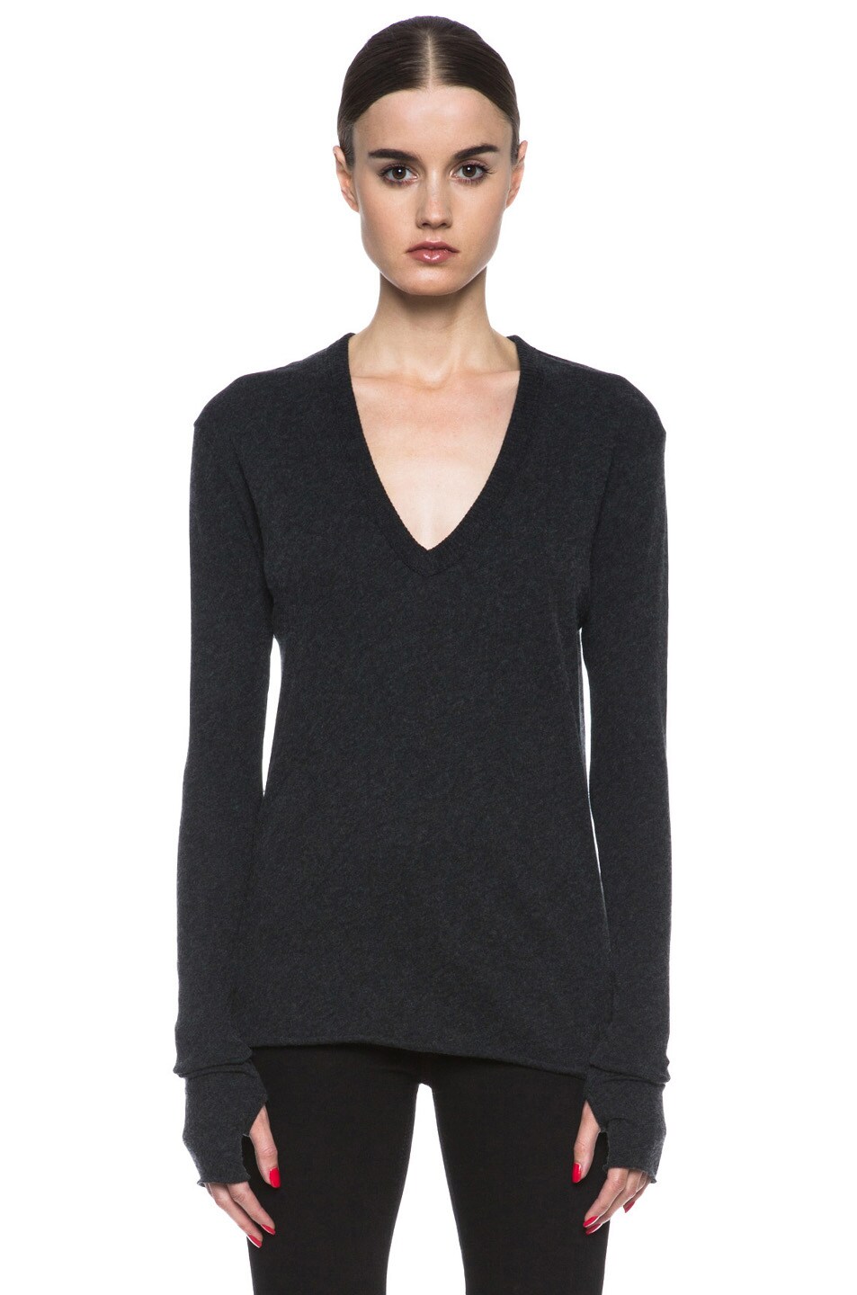 Image 1 of Enza Costa Loose V Neck Cotton-Blend Top in Charcoal
