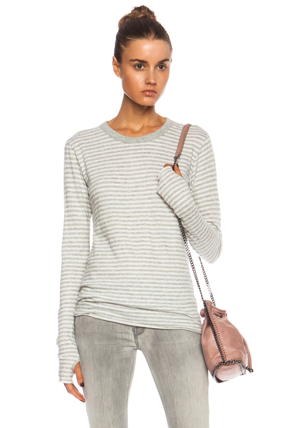 Image 1 of Enza Costa Cashmere Stripe Loose Cotton-Blend Crew in Ash & Grey
