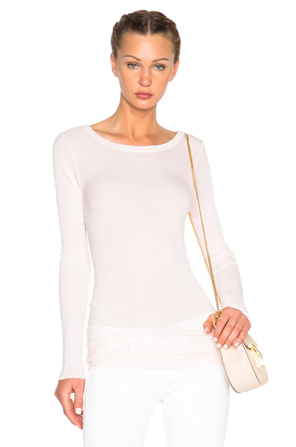 Image 1 of Enza Costa Rib Long Sleeve Crew Rayon-Blend Tee in Oyster