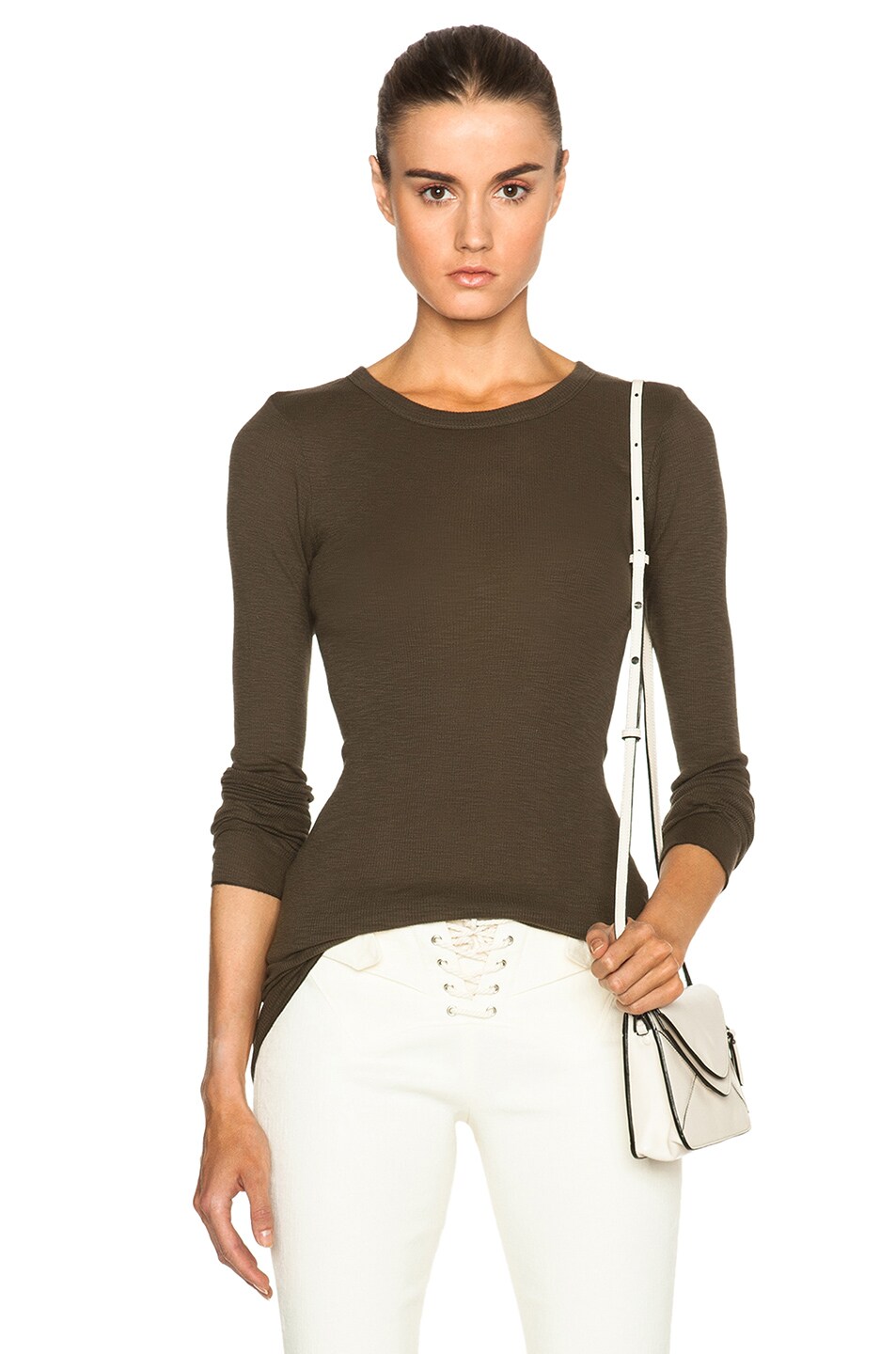 Image 1 of Enza Costa Rib Long Sleeve Crew Top in Olive Drab