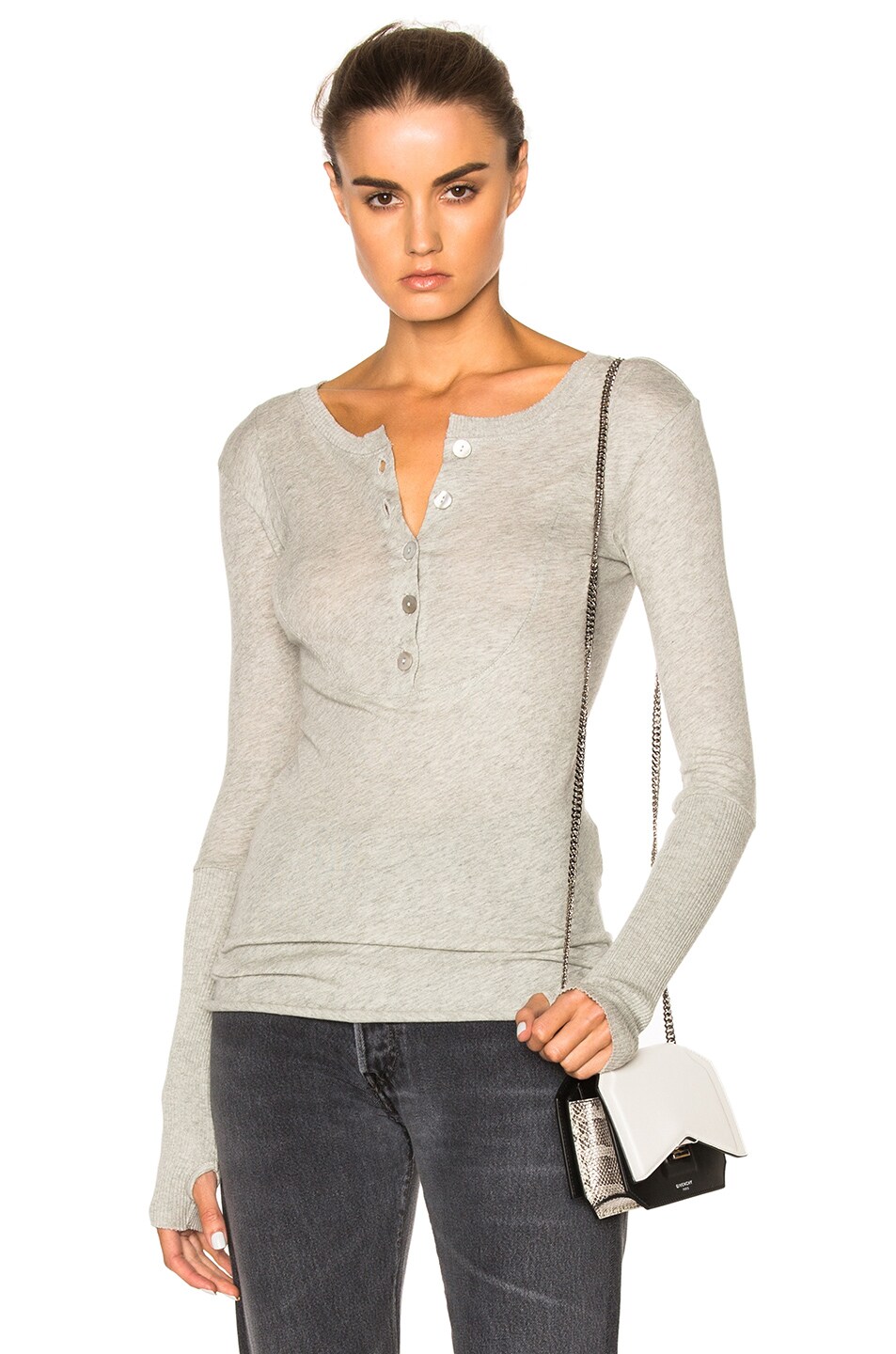 Image 1 of Enza Costa Cashmere Henley Tee in Light Heather Grey