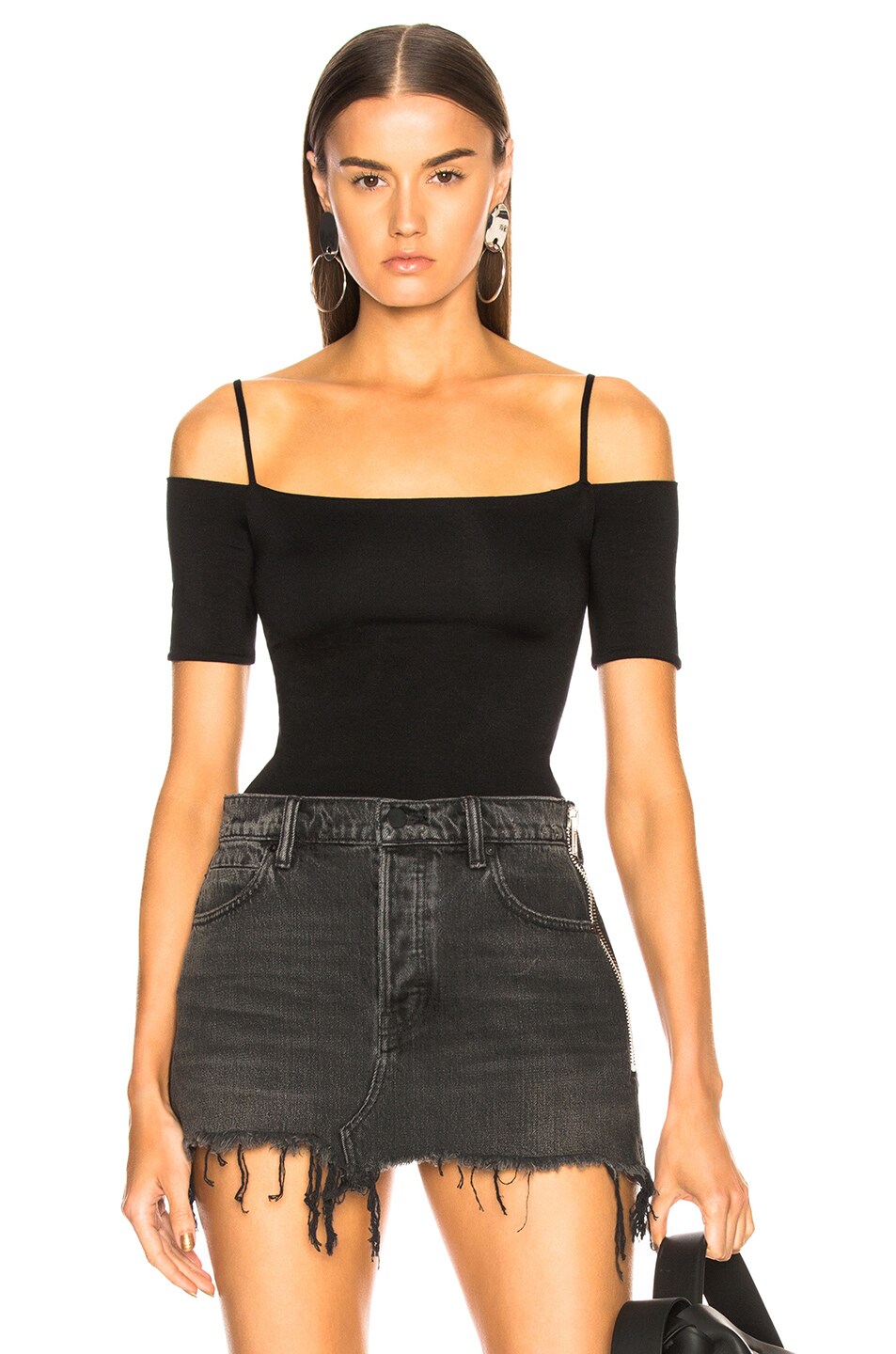 Image 1 of Enza Costa Jersey Strappy Off Shoulder Tee in Black