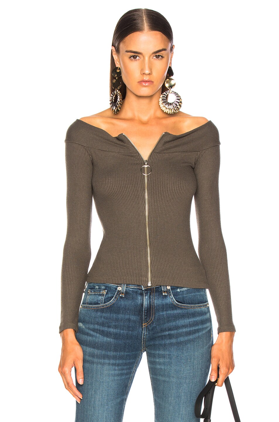 Image 1 of Enza Costa Rib Exposed Shoulder Zip Front Long Sleeve in Olive Drab