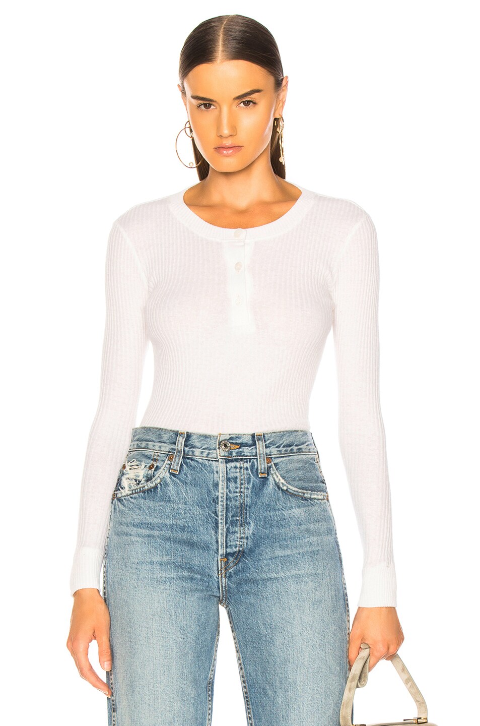 Image 1 of Enza Costa Cashmere Long Sleeve Henley in White