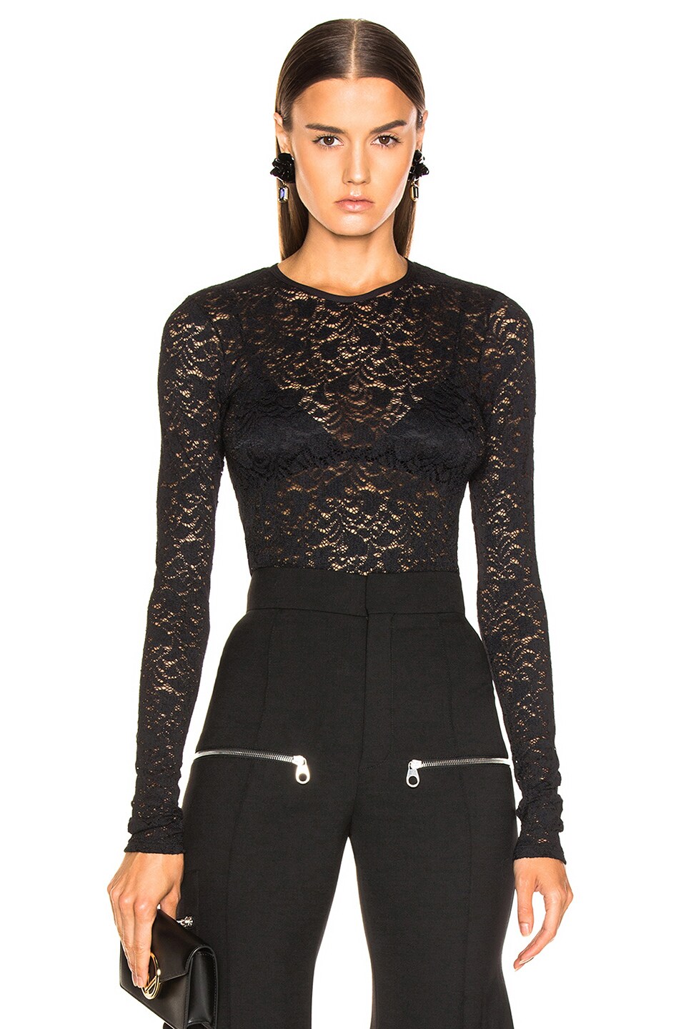 Image 1 of Enza Costa Stretch Lace Fitted Long Sleeve Crew in Black