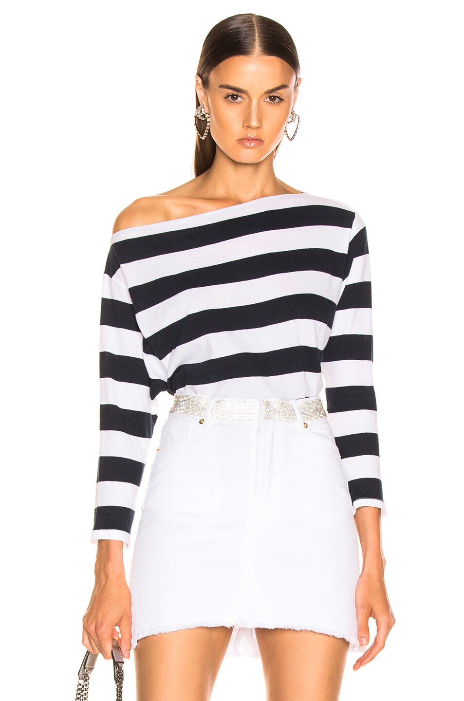 Image 1 of Enza Costa Exposed Shoulder Long Sleeve Tee in Navy & White