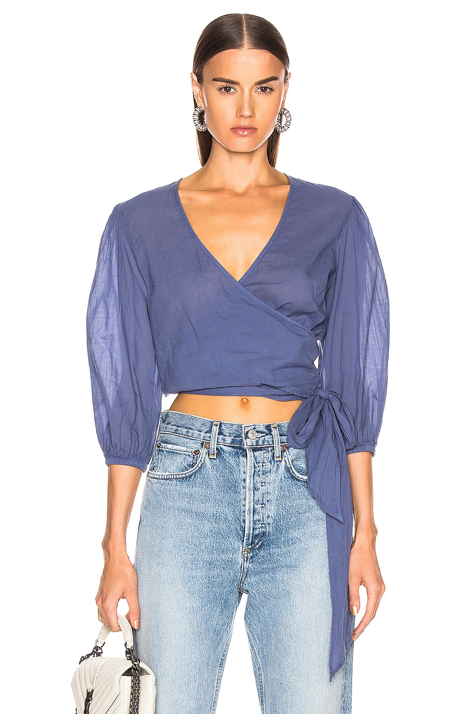 Image 1 of Enza Costa Puff Sleeve Wrap Top in Vintage Blue