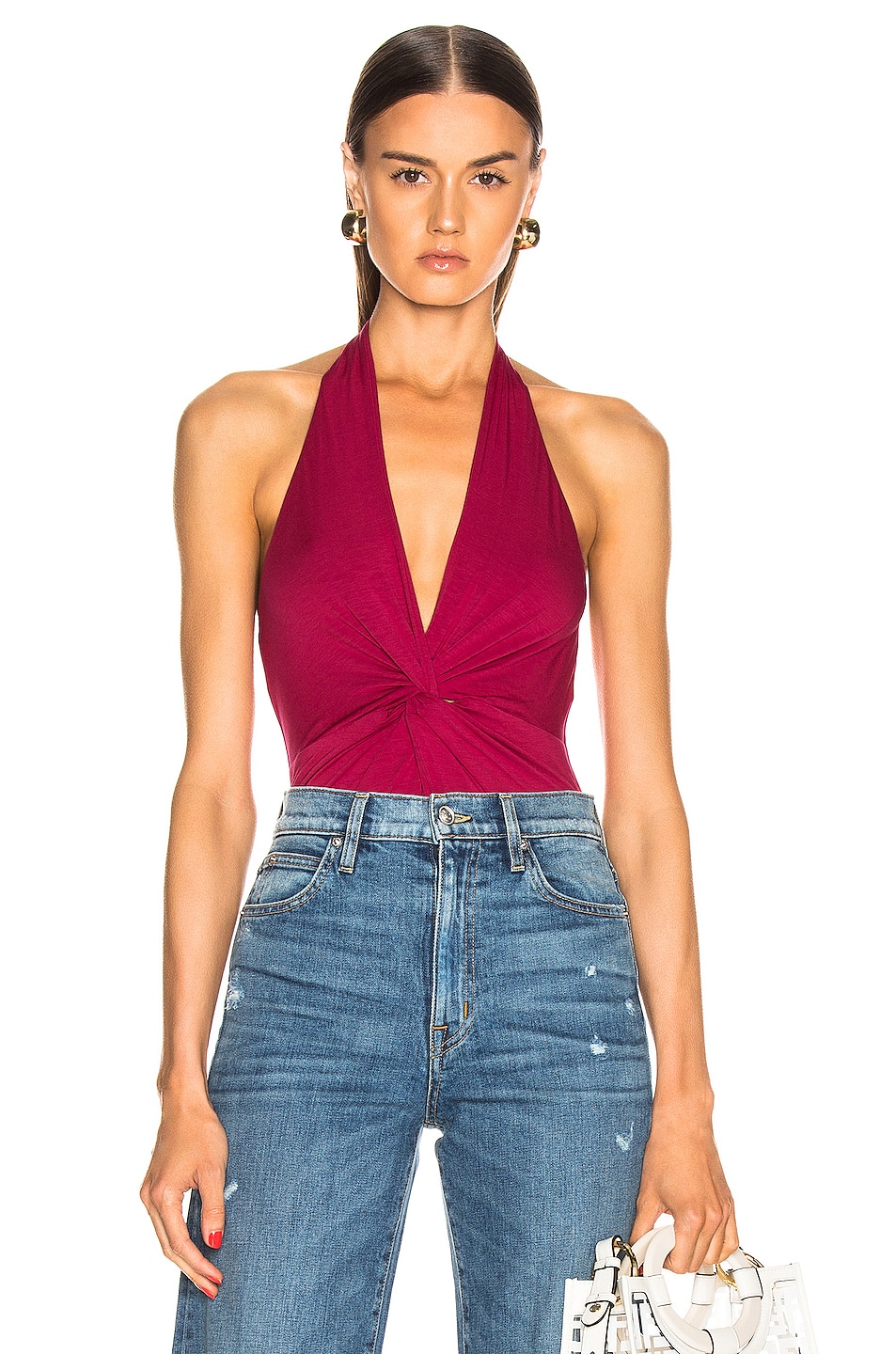 Image 1 of Enza Costa Front Knot Halter Bodysuit in Fuchsia Red