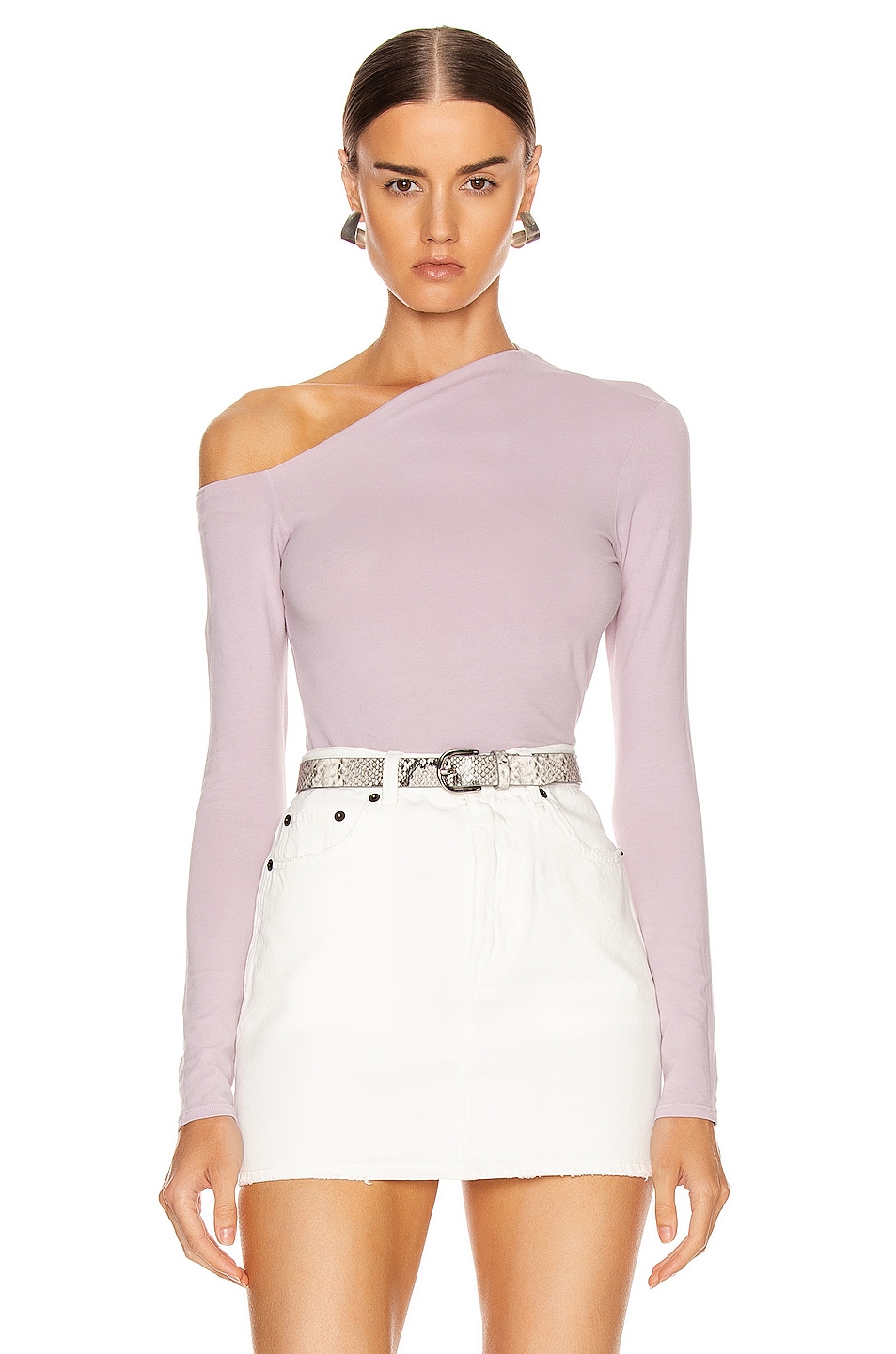 Image 1 of Enza Costa Angled Exposed Shoulder Long Sleeve Top in Pink Crystals
