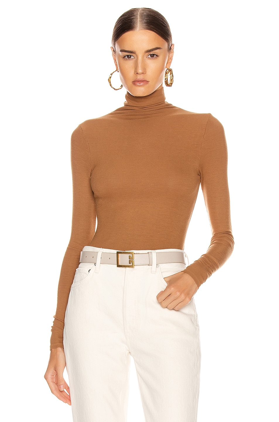 Image 1 of Enza Costa Rib Long Sleeve Turtleneck Bodysuit in Danish Brown