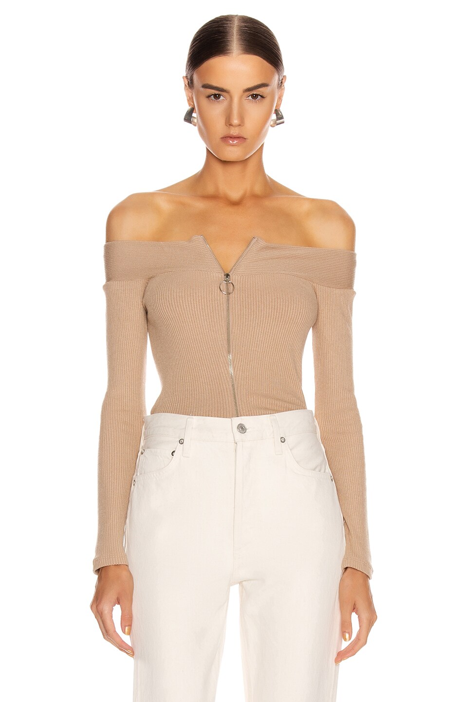 Image 1 of Enza Costa for FWRD Rib Exposed Shoulder Zip Front Long Sleeve in Sandstone