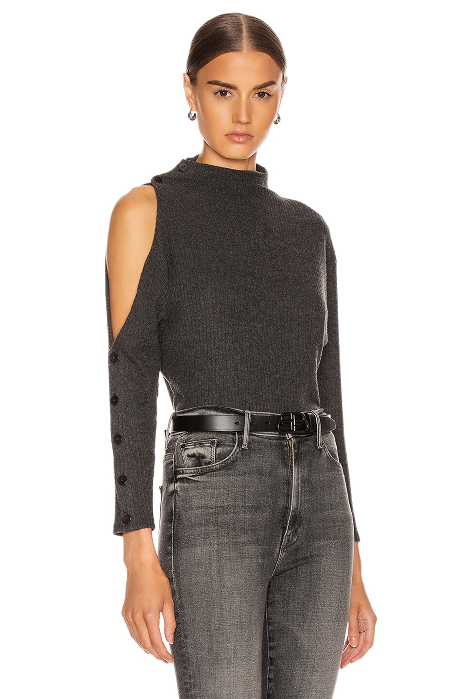Image 1 of Enza Costa Rib Long Sleeve High Neck Exposed Shoulder Top in Charcoal