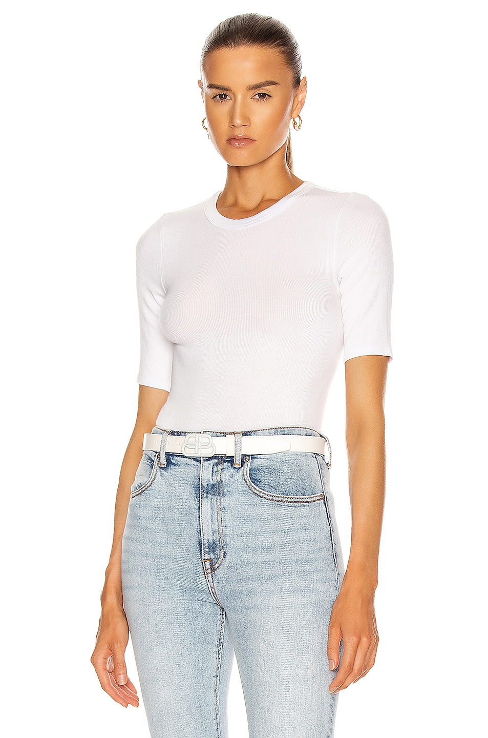Image 1 of Enza Costa for FWRD Silk Rib Cropped Half Sleeve in White