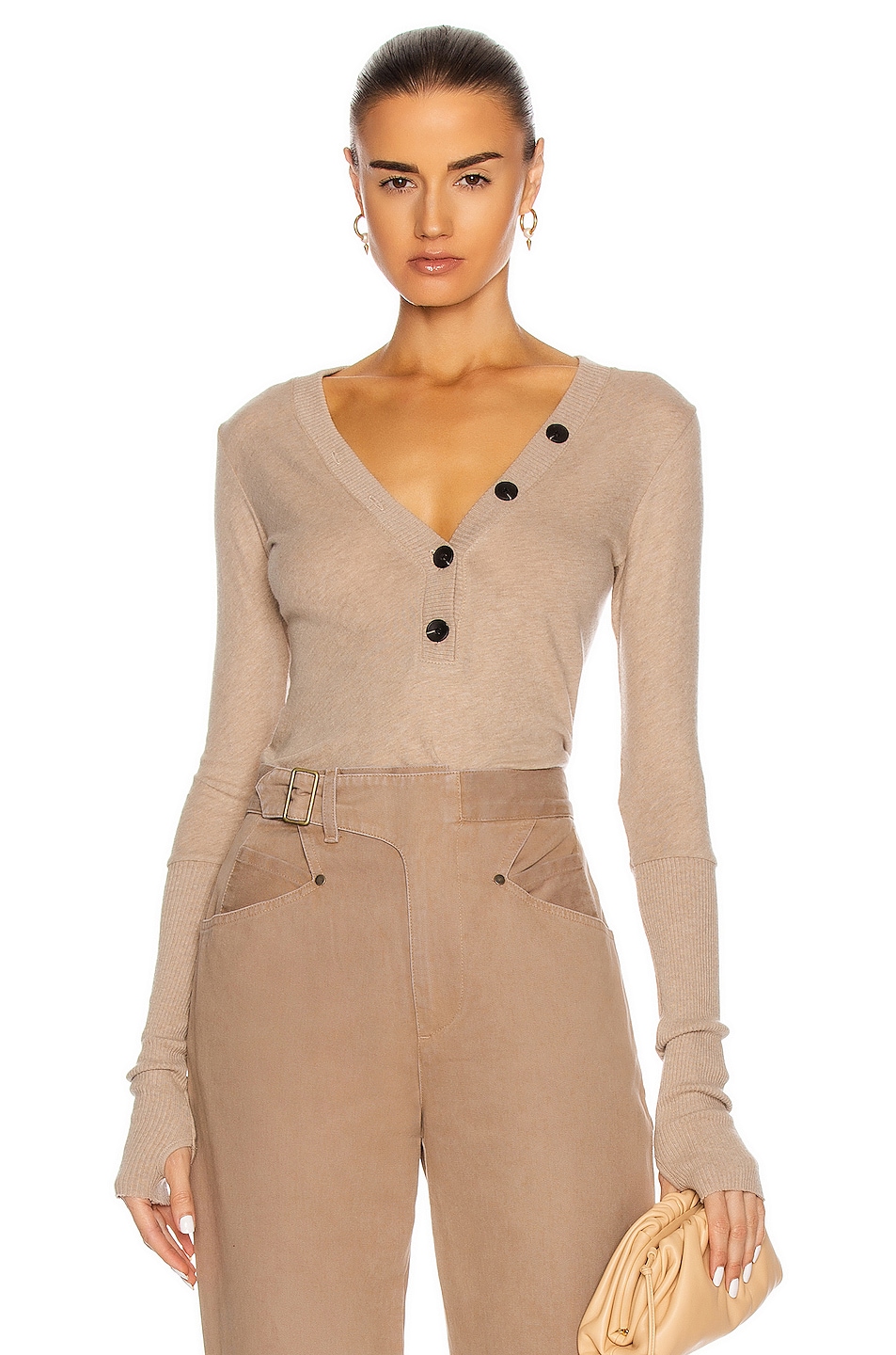 Image 1 of Enza Costa Cashmere Long Sleeve Cuffed Henley Top in Khaki