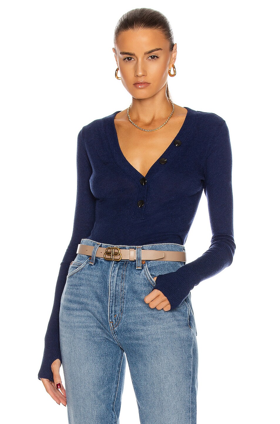 Image 1 of Enza Costa Cashmere Long Sleeve Cuffed Henley Top in French Navy