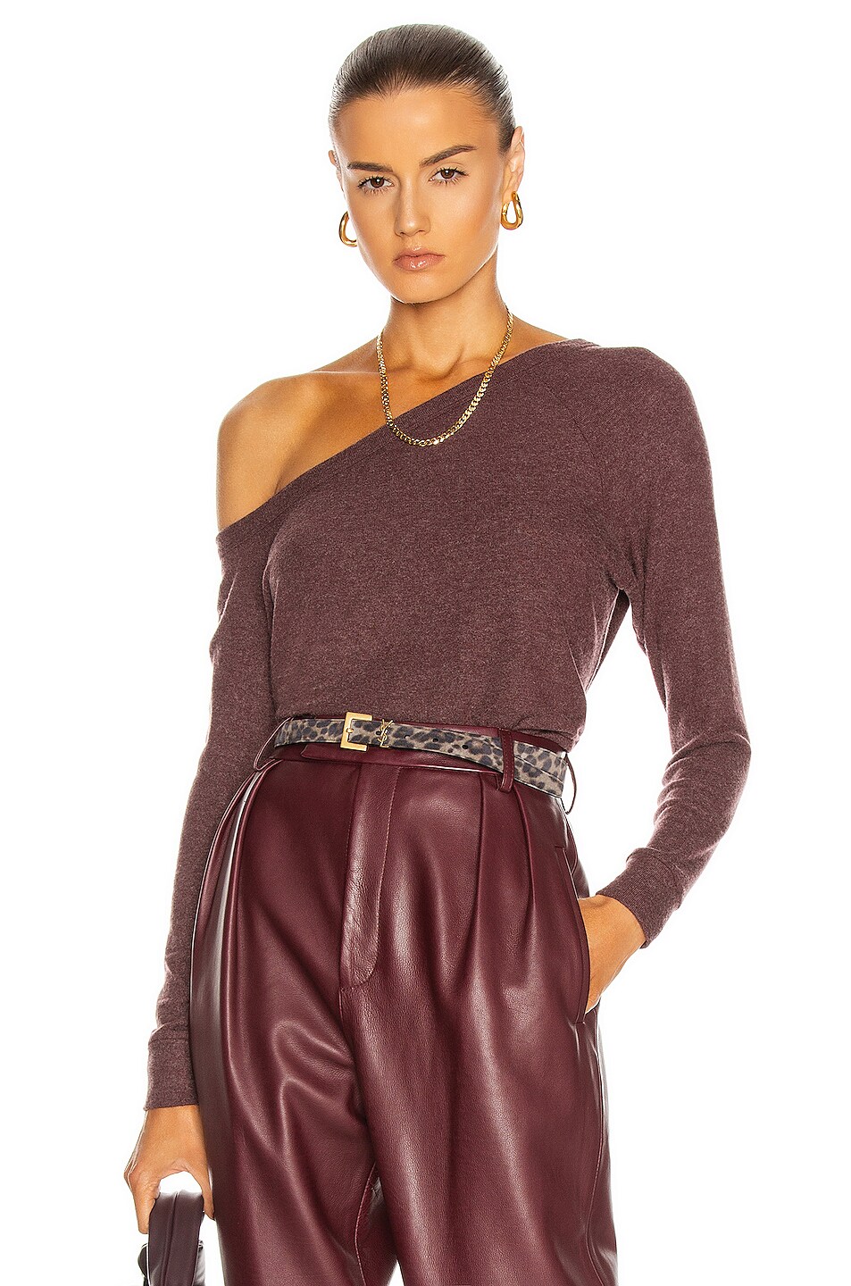 Image 1 of Enza Costa Peached Jersey Easy Off Shoulder Long Sleeve Top in Bordeaux