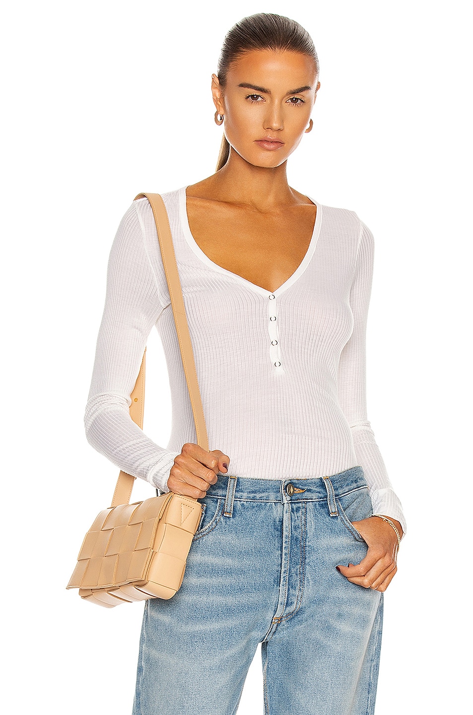 Image 1 of Enza Costa Silk Rib Long Sleeve Henley Top in Unbleached