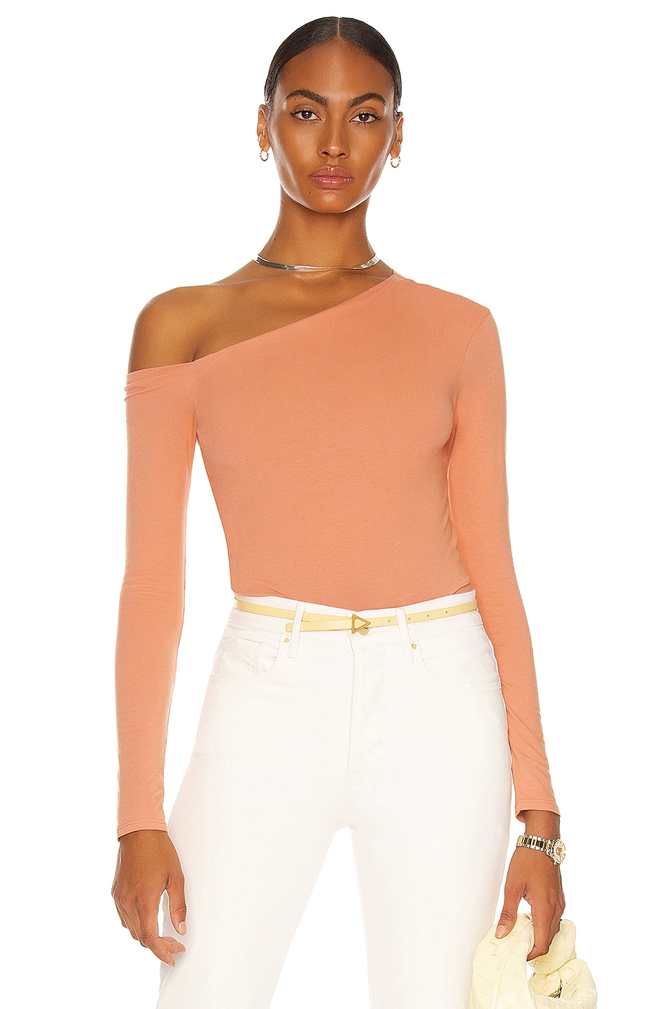 Image 1 of Enza Costa Angled Exposed Shoulder Long Sleeve Top in Peach Beige