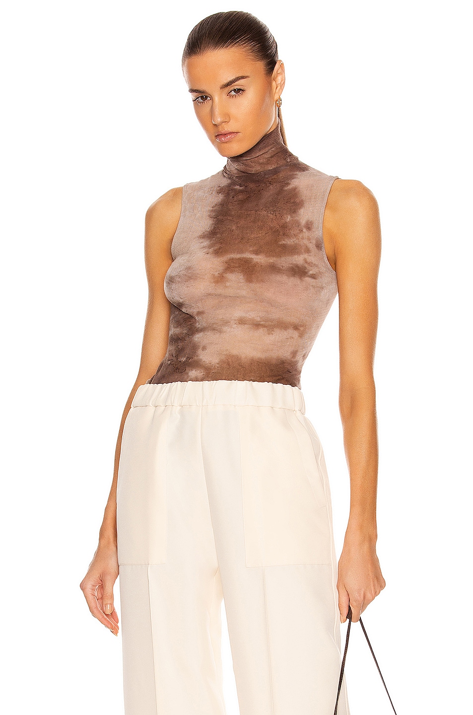 Image 1 of Enza Costa Cotton Mesh Sleeveless Turtleneck Top in Brown Oxide