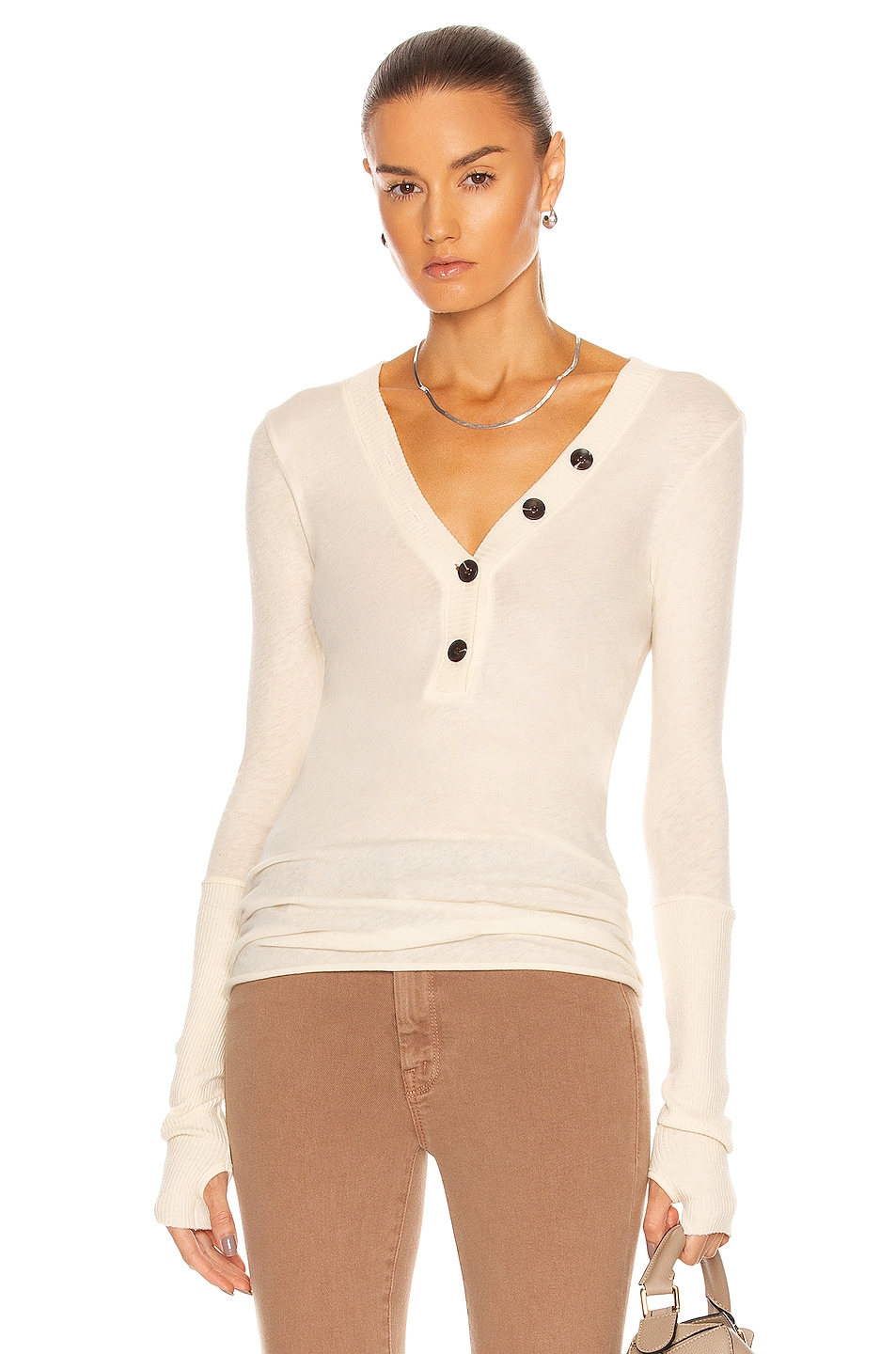 Image 1 of Enza Costa Cashmere Long Sleeve Cuffed Henley Top in Natural