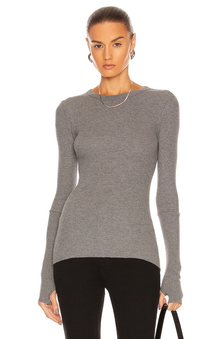 Image 1 of Enza Costa Laundered Cotton Thermal Long Sleeve Cuffed Crew Top in Graphite Heather