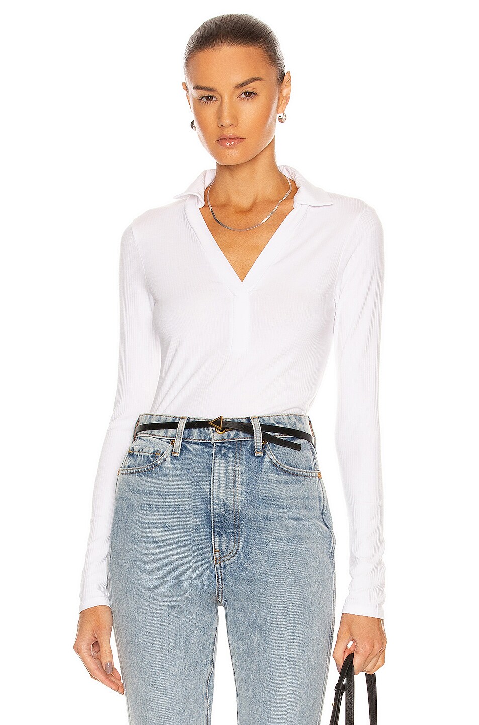 Image 1 of Enza Costa Compact Silk Rib Long Sleeve Polo Top in White