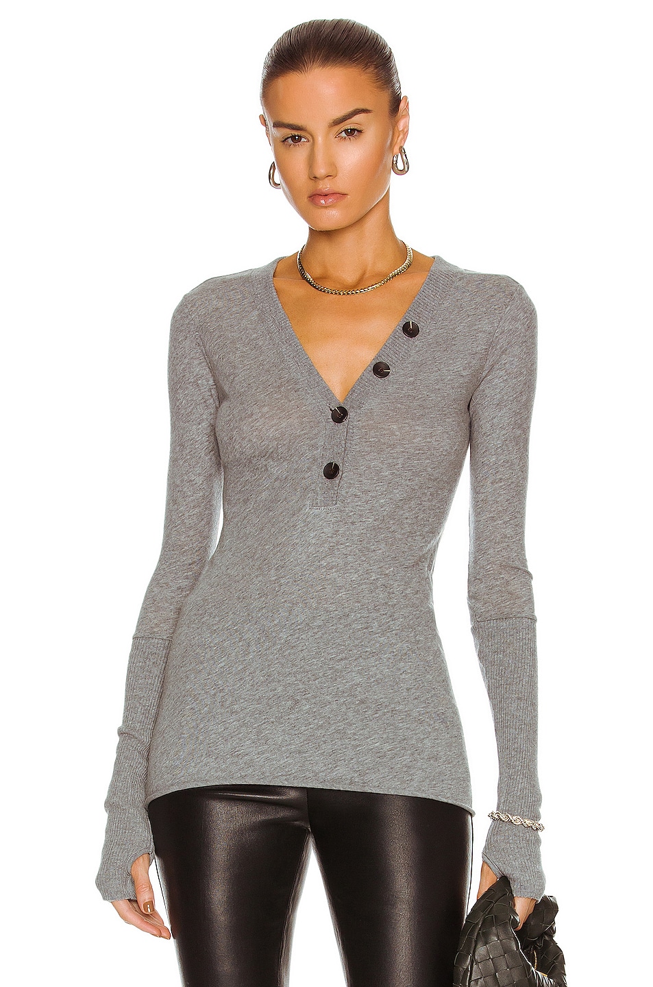 Cashmere Long Sleeve Cuffed Henley Top in Grey
