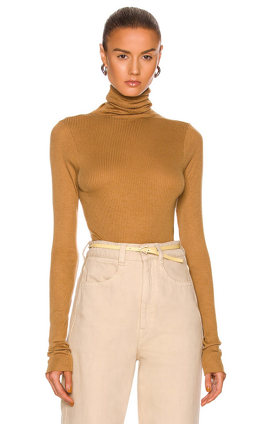 Image 1 of Enza Costa Silk Cashmere Rib Long Sleeve Turtleneck Top in Camel