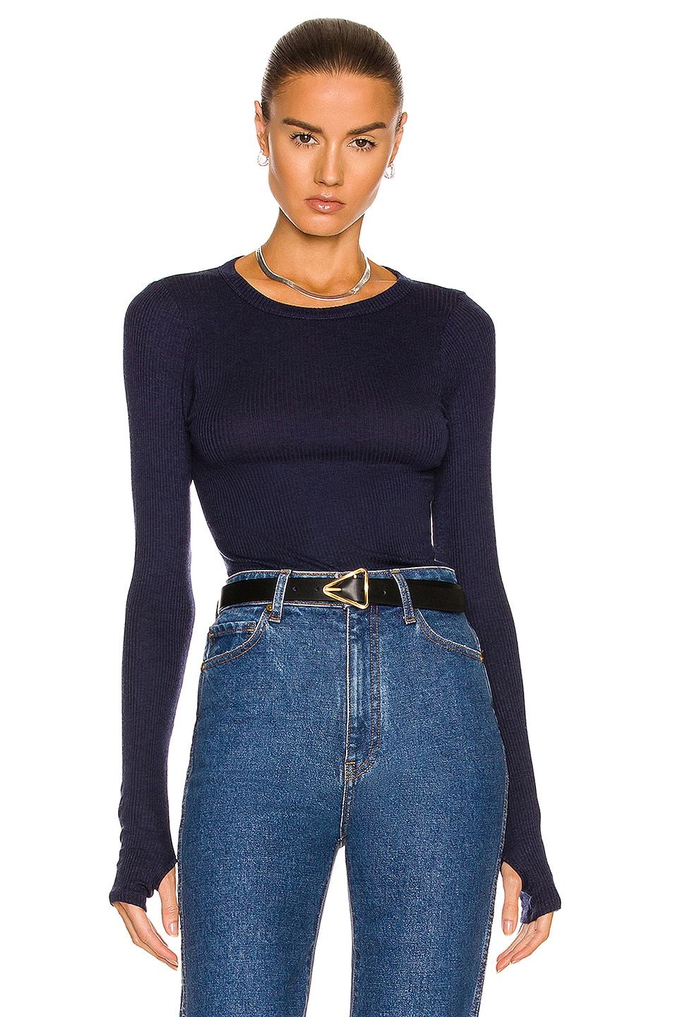 Image 1 of Enza Costa Silk Cashmere Rib Long Sleeve Fitted Crew Top in Dark Navy